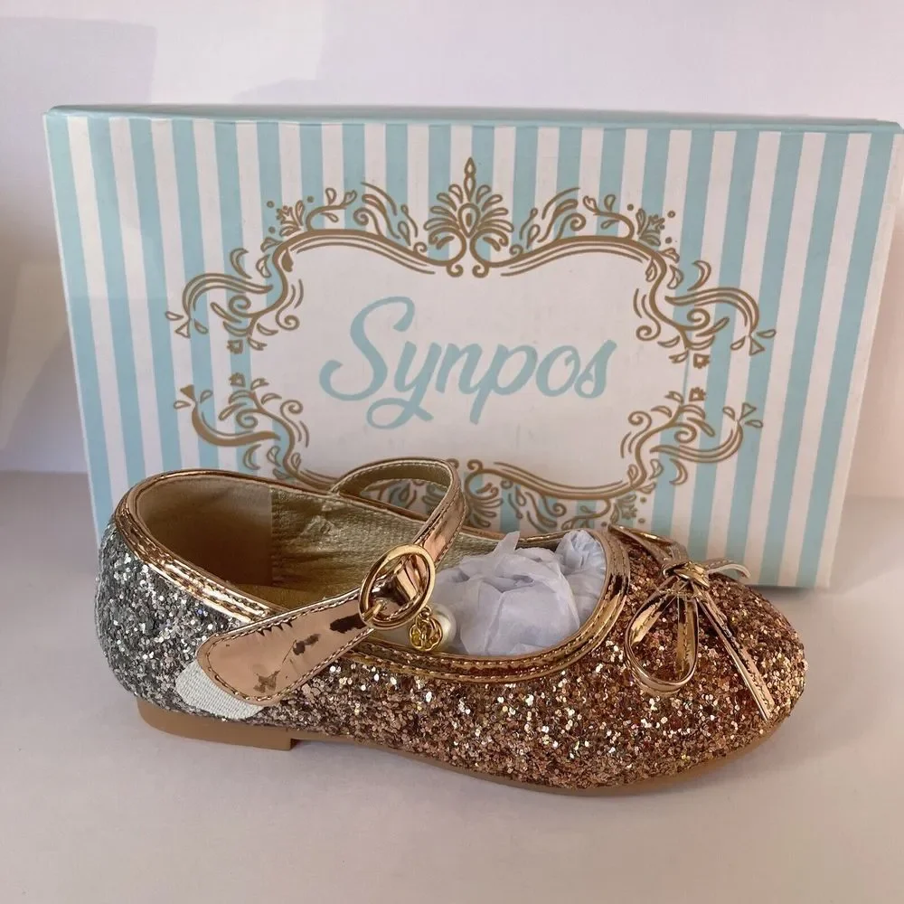 Girls Kids Flat Dress Shoes Size 9 Golden Shiny Princess Wedding Party Beaded